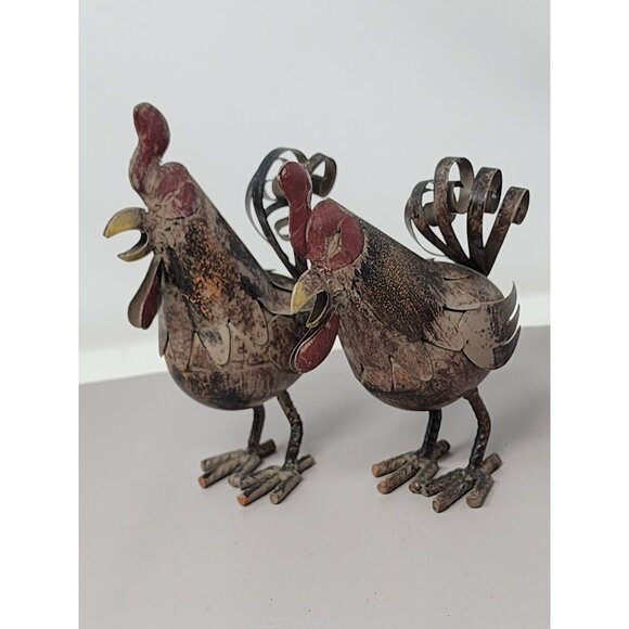 Vintage Rustic Metal Rooster Sculpture‎ Set Of 2 Decorative Farmhouse Décor - Picture 1 of 16